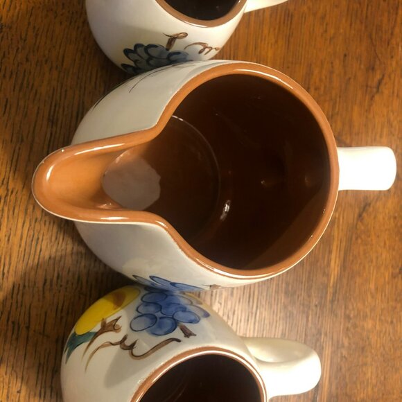 Stangl Fruit Pattern Pottery Pitchers Set of 3 Pint Half Pint 6oz Creamer Milk P - Picture 10 of 11